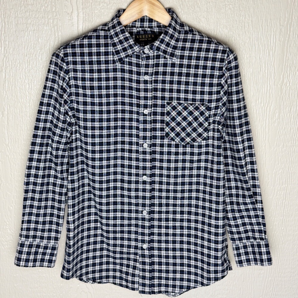Activa Sports Inc Mens Blue White Plaid Button Down Shirt Medium Long Sleeve